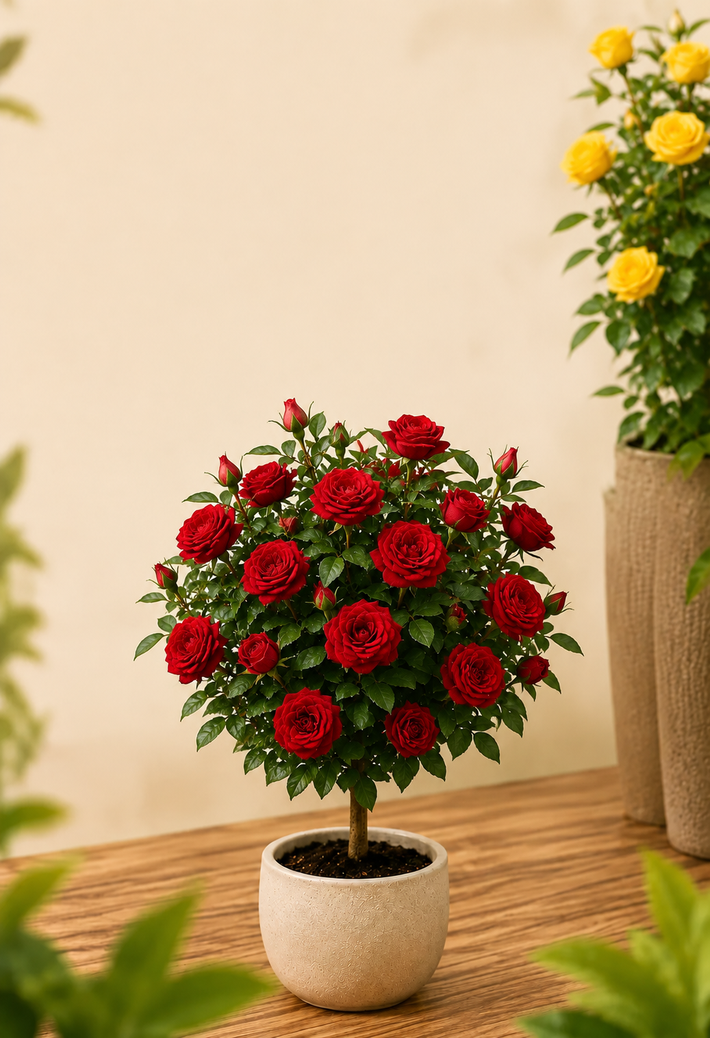 Roseira cheia de folhas e sem nenhuma flor